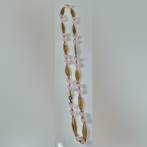 Vintage Trifari Pink Beaded & Gold-tone Trifanium Necklace - Picture 7 of 11